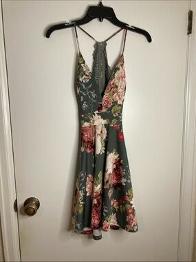 Windsor Olive Green Floral Mini Skater Skirt Lace-Back Spaghetti Strap